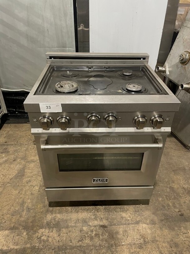 ZLine Natural Gas Powered 4 Burner Stove! All Stainless Steel! With Full Oven Underneath! On Legs! 120V! Model: RGS-30 SN: 20080776039! - Item #1145424