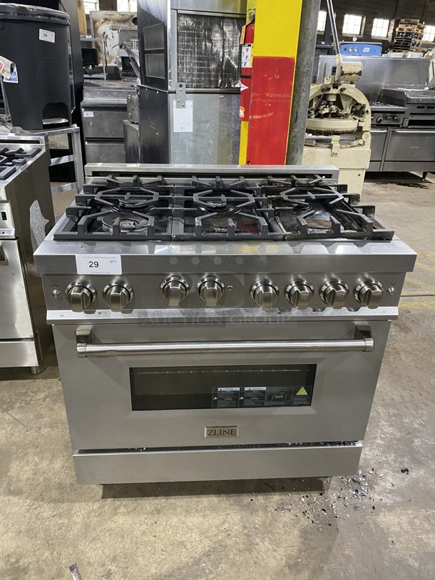 2020 ZLINE Gas Powered 6 Burner Stove! With Oven Underneath! Stainless Steel! On Legs! Model RGS-36 Serial 20111790069!120V/60Hz/ - Item #1126173