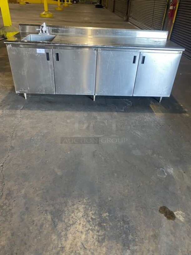 All Stainless Steel Commercial Prep Table! With Left Side Hand Sink! With 4 Door Underneath Storage Space! On Legs!