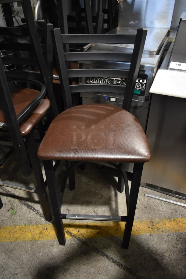8 Black Metal Bar Height Chairs w/ Brown Seat Cushion. 8 Times Your Bid!