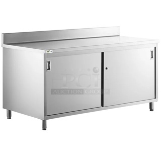 BRAND NEW SCRATCH AND DENT! Regency 600EBTB3072D 30" x 72" 16 Gauge Type 304 Stainless Steel Enclosed Base Sliding Door Table with Adjustable Midshelf and 6" Backsplash