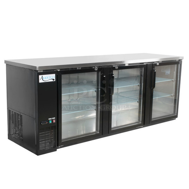 BRAND NEW SCRATCH AND DENT! 2023 Avantco 178UBB4GHC Stainless Steel Commercial  90" Black Counter Height Glass Door Back Bar Refrigerator Merchandiser with LED Lighting. 115 Volts, 1 Phase. Tested and Working!
