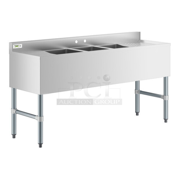 BRAND NEW SCRATCH AND DENT! Regency 600B31014213 Stainless Steel 3 Bowl Underbar Sink with Two Drainboards. Bays 10x14x9.5. Drain Boards 11x15 - Item #1127284