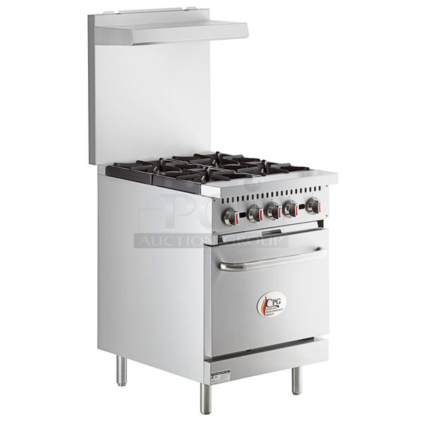 BRAND NEW SCRATCH AND DENT! 2022 Cooking Performance Group CPG 351S24L Stainless Steel Commercial  Liquid Propane 4 Burner 24" Range with Space Saver Oven, Over Shelf and Back Splash. 150,000 BTU.