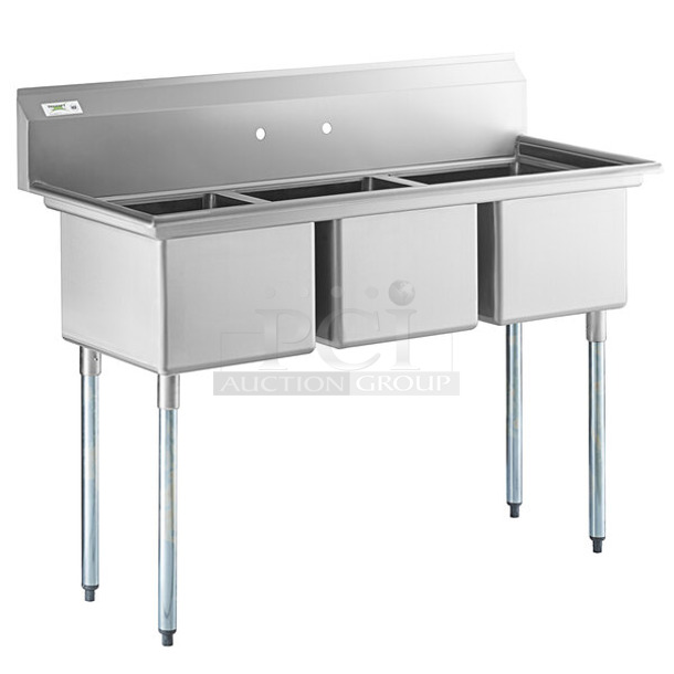 BRAND NEW SCRATCH AND DENT! Regency 600S31717 60" 16 Gauge Stainless Steel Three-Compartment Commercial Sink with Galvanized Steel Legs - 17" x 17" x 12" Bowls