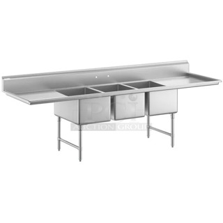 BRAND NEW SCRATCH AND DENT! Regency 600S32030230 124" 16-Gauge Stainless Steel Three Compartment Commercial Sink with 2 Drainboards - 20" x 30" x 14" Bowls