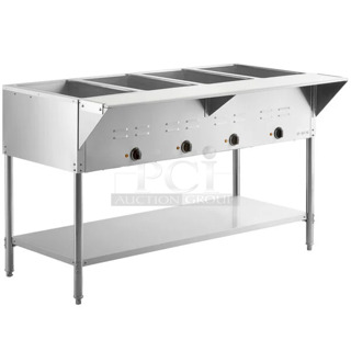 BRAND NEW SCRATCH AND DENT! 2024 Avantco 177STE4SA Stainless Steel Four Pan Open Well Electric Steam Table with Undershelf. 120 Volts, 1 Phase. 