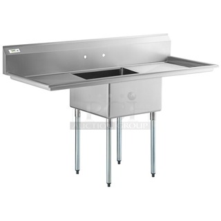 BRAND NEW SCRATCH & DENT! Regency 600S123232G 71" 16 Gauge Stainless Steel One Compartment Commercial Sink with Galvanized Steel Legs, Drain and 2 Drainboards - 23" x 23" x 12" Bowl Sink only. Out of original packaging. 