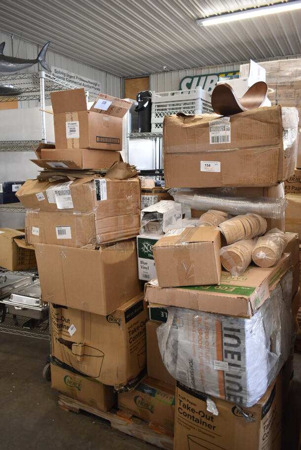 PALLET LOT of 35 BRAND NEW Boxes Including Frymaster 8263295 Skf Linear Actuator, Choice Take Out Container, 395TO883 EcoChoice 8" x 8" x 3" Compostable Sugarcane / Bagasse 3 Compartment Takeout Box - 200/Case,  2 Box 394405L Noble Products Powder-Free Disposable Blue Vinyl Gloves for Foodservice - Large - 1000/Case, 407TRNRSW65 Choice 6" x 5" Square Edge Turner with White Polypropylene Handle, Garde 181ONBLD316 3/16" Blade Assembly for Onion Slicer - 2/Set, 712LSD40V Lavex 40 fl. oz. (1200 mL) Stainless Steel Surface Mounted Vertical Liquid Soap Dispenser. 35 Times Your Bid!