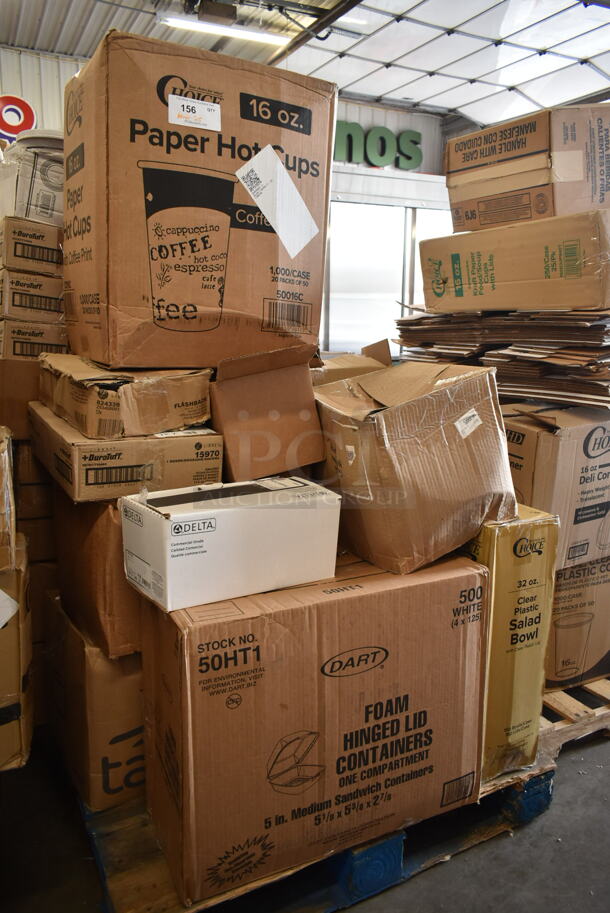 PALLET LOT of 25 BRAND NEW Boxes Including 50016C Choice 16 oz. Coffee Print Poly Paper Hot Cup - 1000/Case, 824339 Flashback Whiskey Glasses, 15970 Libbey Rocks Glasses, 50HT1 Foam Hinged Lid Containers, Choice 32 ox Clear Plastic Salad Bowl, 512XKD968CL Choice Deli Tag Pan / Bowl Sign Holder Clip - 25/Pack, 407POA16 Choice 15" Aluminum Pail Opener,347TCL5 Choice 5 oz. Clear Disposable Plastic Tumbler - 500/Case. 25 Times Your Bid!