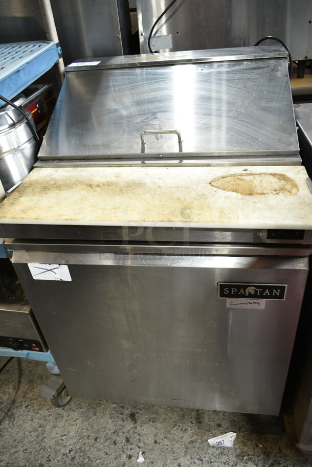 Spartan SST-27 Stainless Steel Commercial Sandwich Salad Prep Table Bain Marie Mega Top on Commercial Casters. 115 Volts, 1 Phase. Tested and Powers On But Does Not Get Cold