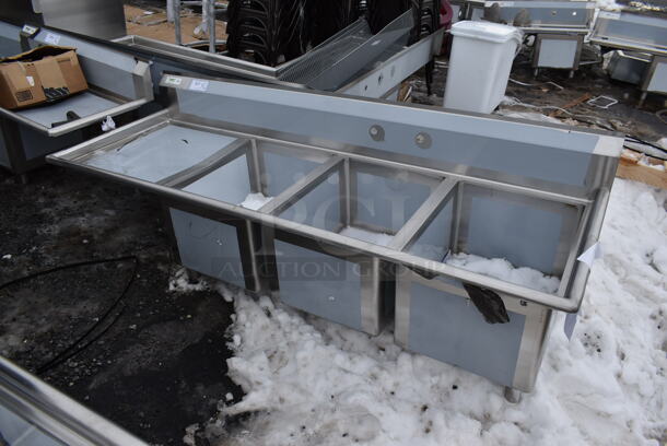 BRAND NEW SCRATCH AND DENT! Regency 600S3182424L Stainless Steel Commercial 3 Bay Sink w/ Left Side Drain Board. No Legs. Bays 18x24. Drain Board 22x25