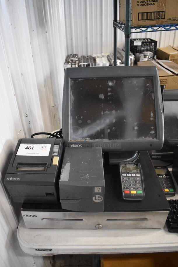 ALL ONE MONEY! Lot of Micros 15" POS Monitor, Epson Model M129B Receipt Printer, Powervar Model ABCG152-11 Power Conditioner, Ingenico iPP320 Credit Card Reader and Metal Cash Drawer