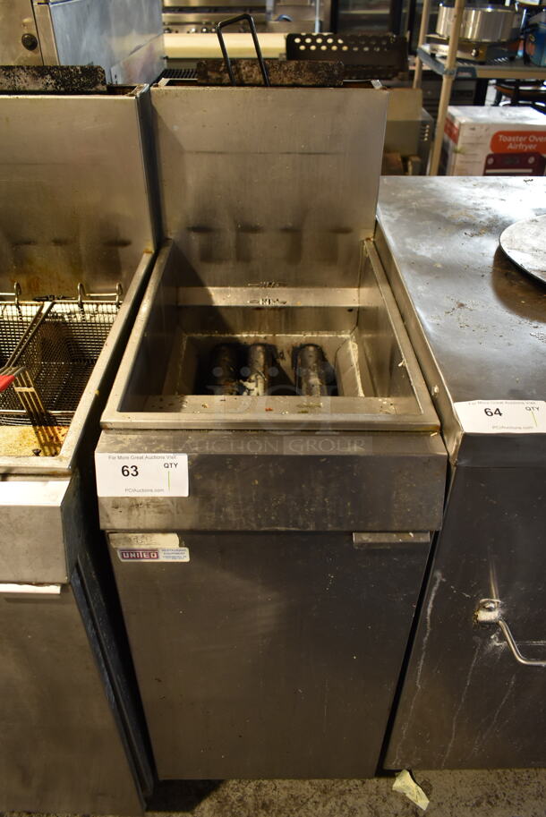 Vulcan EF-3 Stainless Steel Commercial Floor Style Natural Gas Powered Deep Fat Fryer on Commercial Casters. 90,000 BTU. 