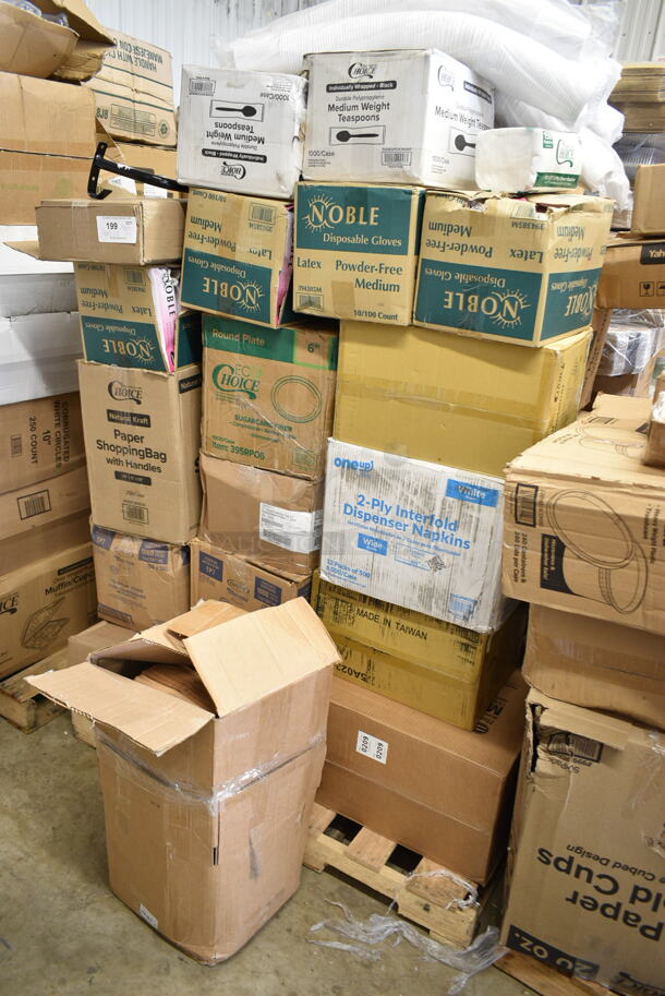 PALLET LOT of 36 BRAND NEW Boxes Including 2 Box 130BSPOONWP Choice Individually Wrapped Medium Weight Black Plastic Teaspoon - 1000/Case, 3 Box 394385M Noble Products White Powder-Free Disposable Latex Gloves for Foodservice - Medium - 1000/Case, 395RPO6 EcoChoice Compostable Sugarcane / Bagasse 6