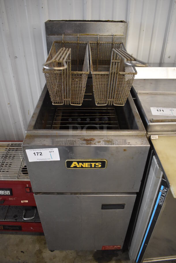 2011 Anets SLG40 Stainless Steel Commercial Floor Style Natural Gas Powered Deep Fat Fryer w/ 2 Metal Fry Baskets. 90,000 BTU. 16x27.5x46