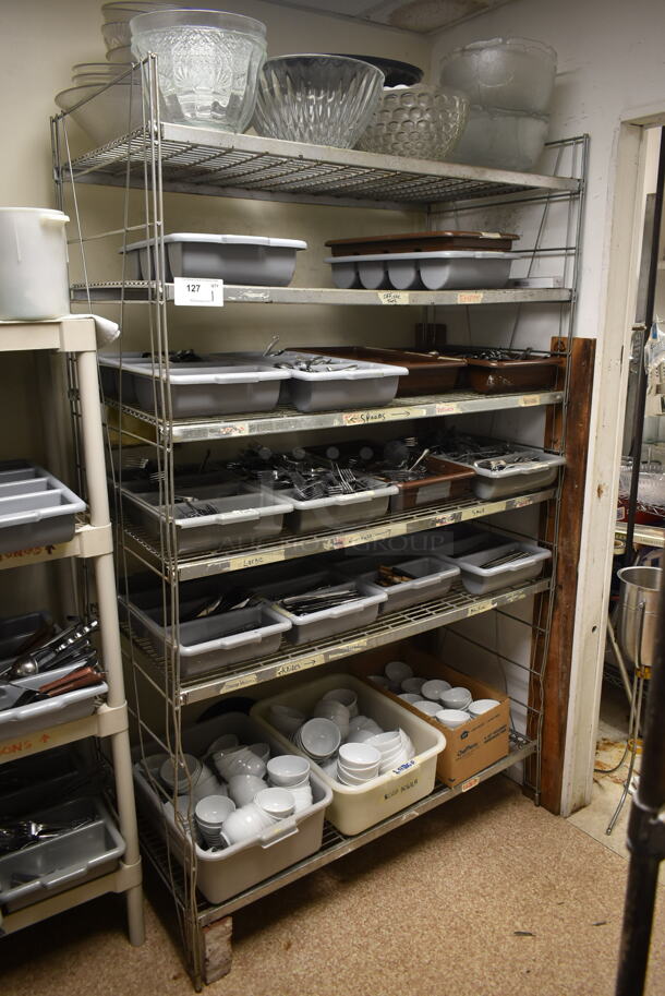 Metal Wire 6 Tier Shelving Unit w/ Contents Including Bins of Silverware. BUYER MUST REMOVE: BUYER MUST DISMANTLE. PCI CANNOT DISMANTLE FOR SHIPPING. PLEASE CONSIDER FREIGHT CHARGES. (dish room)