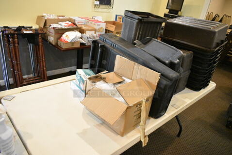 Dining Height Folding Table w/ Contents Including Poly Bus Bins. (main dining room)