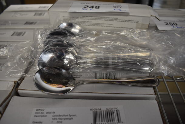 2 Boxes of 12 BRAND NEW! Winco 0005-04 Stainless Steel Dots Bouillon Spoons. 6". 2 Times Your Bid!