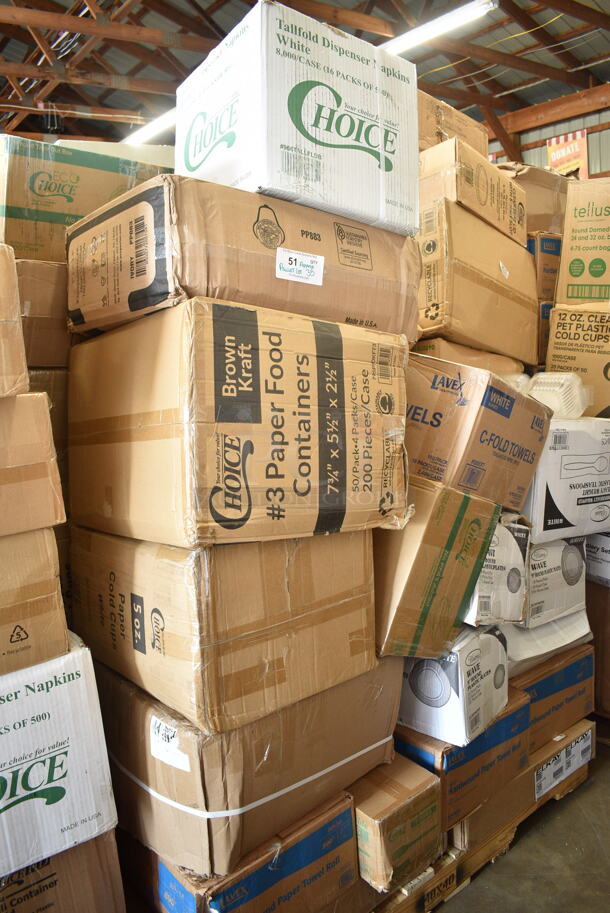 PALLET LOT of 35 BRAND NEW Boxes Including 750IC06B Choice 6 oz. Blue Paper Frozen Yogurt / Food Cup - 1000/Case, PP883 Ivory Containers, 966TALLFLDB Choice White Tall-Fold 6" x 13" Dispenser Napkin - 8000/Case, 2 Box 5001RT800B Lavex 8" White Hardwound Paper Towel, 800 Feet / Roll - 6/Case, 130BHWPLAFR EcoChoice Heavy Weight 6 1/2" Black CPLA Plastic Fork - 1000/Case, 500CFT Lavex White C-Fold Standard Weight Towel - 2400/Case, 43208500 Choice Black Beverage Napkins, 500LFLAT Choice Clear Flat Lid with Straw Slot - 9, 12, 16, 20, and 24 oz. - 1000/Case, 5001RT350B Lavex White Hardwound Paper Towel, 350 Feet / Roll - 12/Case, 795PTOKFT3 Choice Kraft Microwavable Folded Paper #3 Take-Out Container 7 3/4" x 5 1/2" x 2 1/2" - 200/Case, Elkay EZWSR Zurn Elkay ezH20 EZWSR Stainless Steel Non-Filtered Bottle Filling Station - Non-Refrigerated, 347RP9WHSS Visions Wave 9" White Plastic Plate - 180/Case. 35 Times Your Bid! 