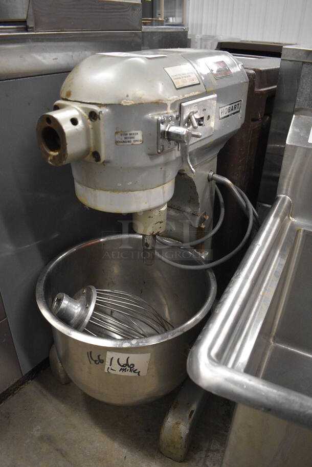 Hobart Model A-200 Metal Commercial 20 Quart Planetary Dough Mixer w/ Mixing Bowl and Whisk Attachment. 115 Volts, 1 Phase. 16x20x31. Tested and Working!