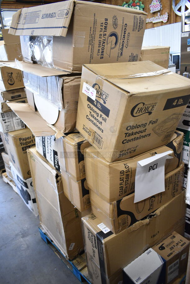 PALLET LOT of 20 BRAND NEW Boxes Including 5 Box Large Noble Gloves, 21485-50 2-1/4"x85' Thermal Paper Rolls, Bakers Mark Dough Box Dolly, 2 Box 500LFLAT32 Choice Clear Plastic Flat Lid with Straw Slot - 32 oz. - 500/Case, 612OB4LB Choice 4 lb. Oblong Foil Take-Out Container - 250/Case, Dart 12BWWCR Concorde 10-12 oz. White Non-Laminated Round Foam Bowl - 1000/Case, 795PTOBK3 Choice 7 3/4" x 5 1/2" x 2 1/2" Black Microwavable Folded Paper #3 Take-Out Container - 200/Case, Tellus 43347. 20 Times Your Bid!