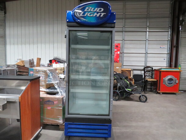 One Glass Door Bud Light Refrigerator With 4 Shelves. Model# CVZ-19. 120 Volt. 32X29X88