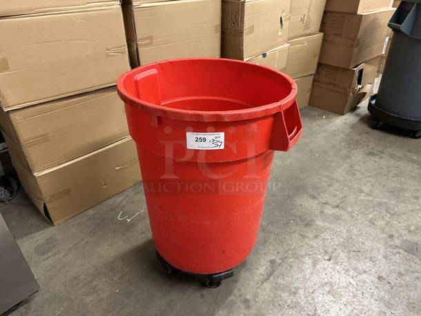 Red Poly Trash Can on Dolly.