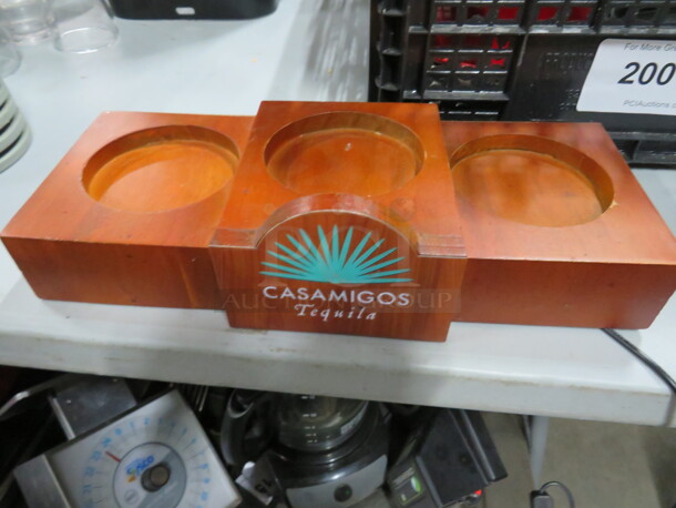 One Wooden Casamigos Lighted Triple Bottle Display Holder. 13X3.5X6