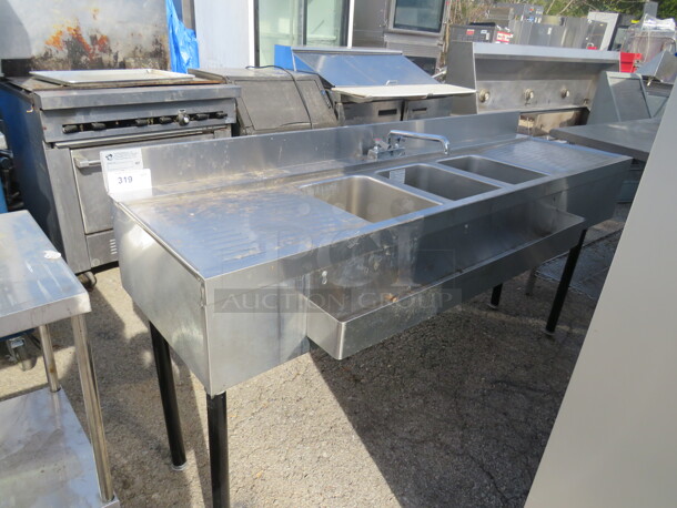 One Stainless Steel 3 Compartment Sink With Faucet, R/L Drain Board, 41 Inch Bottle Rail Attached. 71X26X38.5