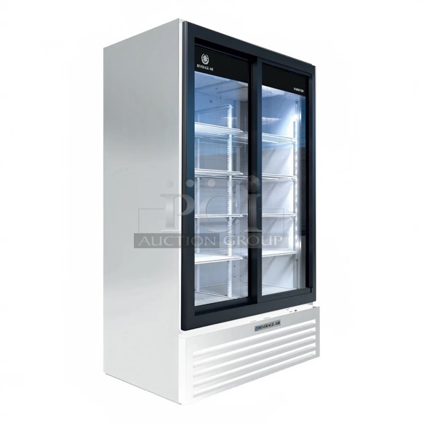 BRAND NEW SCRATCH AND DENT! Beverage Air MT49-1-SD ENERGY STAR Metal Commercial 2 Door Reach In Cooler Merchandiser w/ Poly Coated Racks. 115 Volts, 1 Phase. Tested and Powers On But Does Not Get Cold