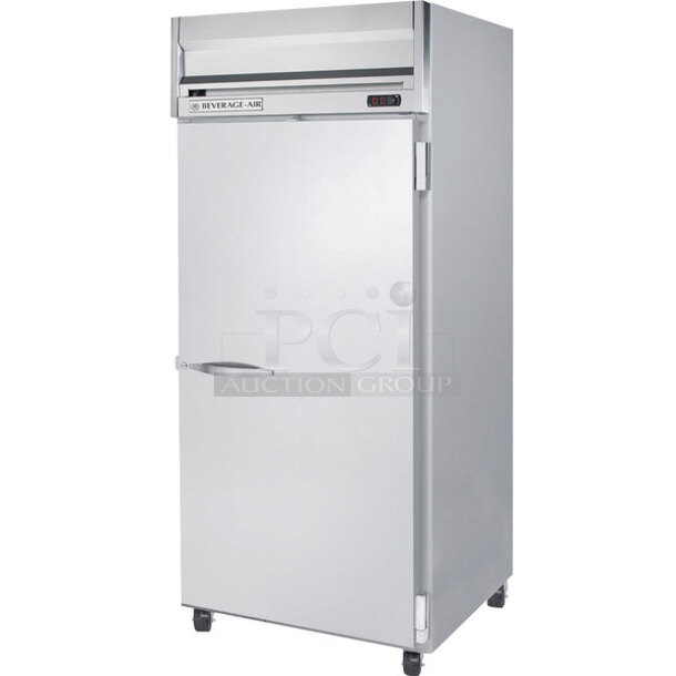 BRAND NEW SCRATCH AND DENT! Beverage Air HRS1WHC-1S Stainless Steel Commercial Single Door Reach In Cooler w/ Poly Coated Racks. 115 Volts, 1 Phase. Tested and Working!
