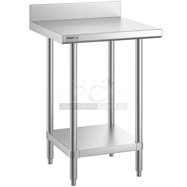 BRAND NEW SCRATCH AND DENT! Regency 600TSSB2424S Spec Line 24" x 24" 14 Gauge Stainless Steel Commercial Work Table with 4" Backsplash and Undershelf