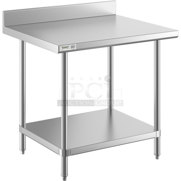 BRAND NEW SCRATCH AND DENT! Regency 600TSB3036S 30" x 36" 16-Gauge Stainless Steel Commercial Work Table with 4" Backsplash and Undershelf