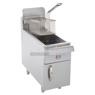 BRAND NEW SCRATCH AND DENT! 2023 Cooking Performance Group CPG 351FCPG15N Stainless Steel Commercial Natural Gas Powered 15 lb. Countertop Fryer w/ Metal Fry Basket. 26,500 BTU