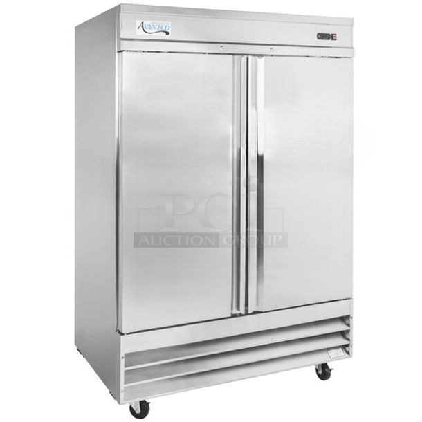 BRAND NEW SCRATCH AND DENT! 2023 Avantco 178SS2RHC Stainless Steel Commercial 2 Door Reach In Cooler w/ Poly Coated Racks on Commercial Casters. 115 Volts, 1 Phase.  Tested and Working!