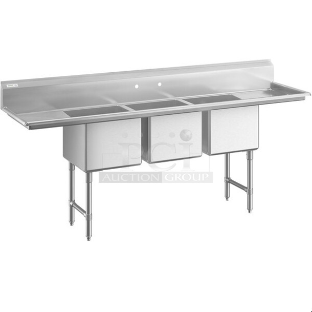 BRAND NEW SCRATCH AND DENT! Regency 600S31818218 Regency 16 Gauge Stainless Steel Three Compartment Commercial Sink with Cross Bracing and Two Drainboards - 18" x 18" x 14" Bowls