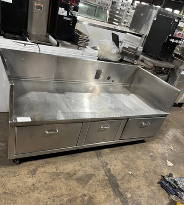 Custom Made Commercial Work Top Table/ Equipment Stand! With Raised Back And Side Splashes! With Drawer Storage Space Underneath! All Stainless Steel! On Casters!