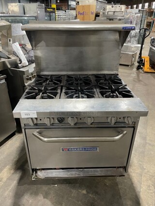 SWEET! Bakers Pride Commercial Natural Gas Powered 6 Burner Stove! With Full Size Oven Underneath! With Backsplash & Overhead Salamander Shelf! All Stainless Steel! On Legs!