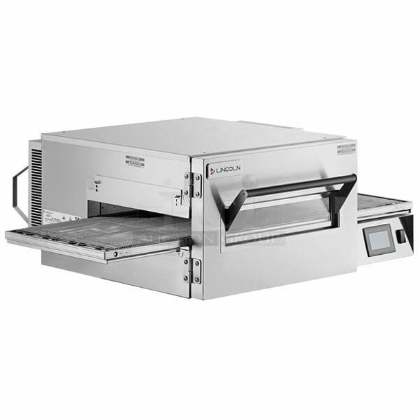 BRAND NEW SCRATCH & DENT! Lincoln 1180-2V Impinger II 1100 Series Ventless Double Electric Conveyor Oven Package - 240V, 10 kW, 3 Phase. S/N: 2312100100799. Oven 1/2. Bottom unit is not included. Handle is Missing See Photos. This units individual dimensions are 56x39x17-1/2.