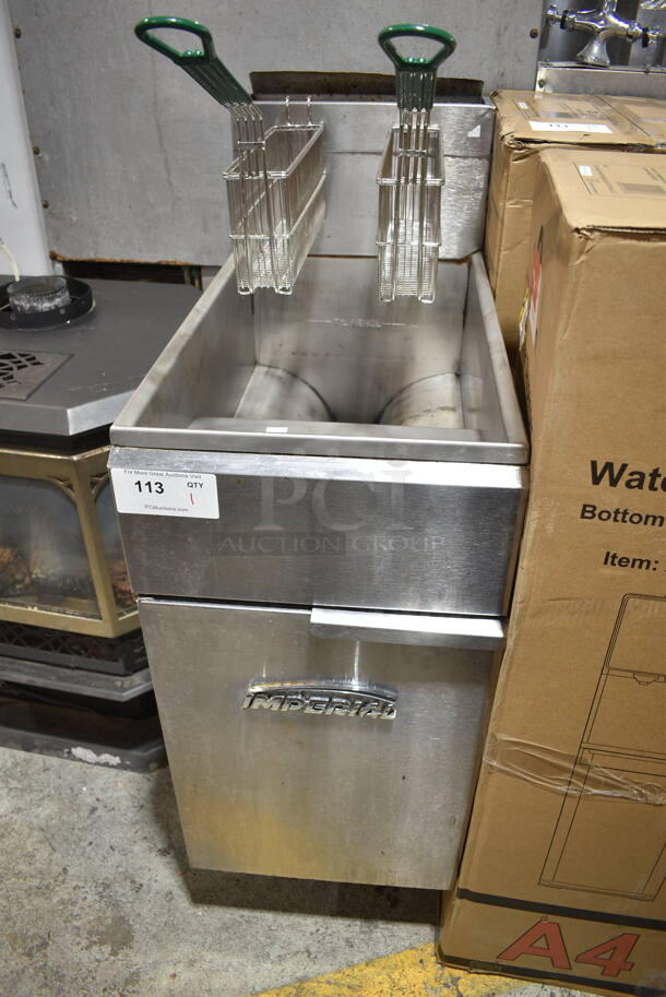 Imperial IFS-50-OP Stainless Steel Commercial Floor Style Natural Gas Powered Deep Fat Fryer w/ 2 Metal Fry Baskets. 140,000 BTU. 