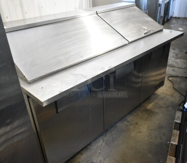 True TSSU-72-30M-B-ST Stainless Steel Commercial Sandwich Salad Prep Table Bain Marie Mega Top on Commercial Casters. 115 Volts, 1 Phase. Tested and Powers On But Does Not Get Cold