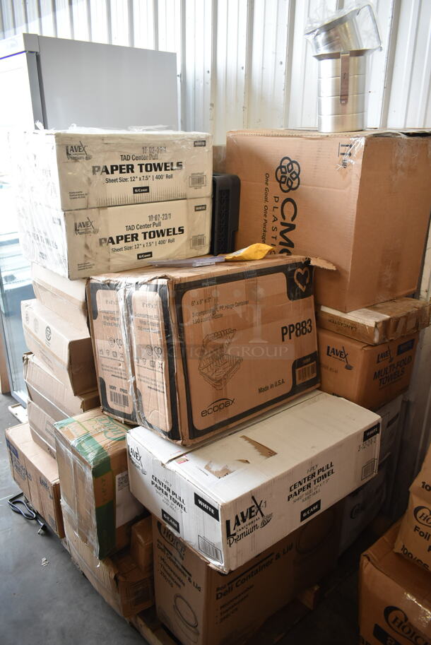 PALLET LOT of 25 BRAND NEW Boxes Including 2 5001CPT400T Lavex Premium 7 1/2" White Aircell TAD Center Pull Paper Towel Roll, 400 Feet / Roll - 6/Case, 2 Box PP883 Ecopax Containers, 34920SCREW Lancaster Table & Seating Table Top / Base Screw 1" #10 Panhead - 4/Pack, 181TSXLBD14 Garde XL 181TSXLBD14 1/4" Serrated Blade for XL Tomato Slicer, 2 Box 347TCL12 Choice 12 oz. Clear Disposable Plastic Tumbler - 500/Case, Lavex Multi Fold Towels, 4 Box 164TCOLROD37 Bar Height Table Base Column and Rod, 5001CPTP Lavex 1-Ply Center Pull Paper Towel Roll 1000' - 6/Case, 50020W Choice 20 oz. White Poly Paper Hot Cup - 600/Case, 127RD8COMBO Choice Microwavable Clear Round Deli Container and Lid, 4 Box 500L1020B Choice Black Hot Paper Cup Travel Lid for 10-24 oz. Standard Cups and 8 oz. Squat Cups - 1000/Case, 500MFT Lavex White M-Fold (Multifold) Towel - 4000/Case. 25 Times Your Bid!