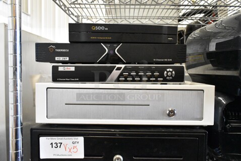 5 Items Including 2 Metal Cash Drawers, 4 Channel Real Time DVR, Tigersecu 16 Channel HD DVR, QSee QC9516 16 Channel HD DVR. 5 Times Your Bid! 