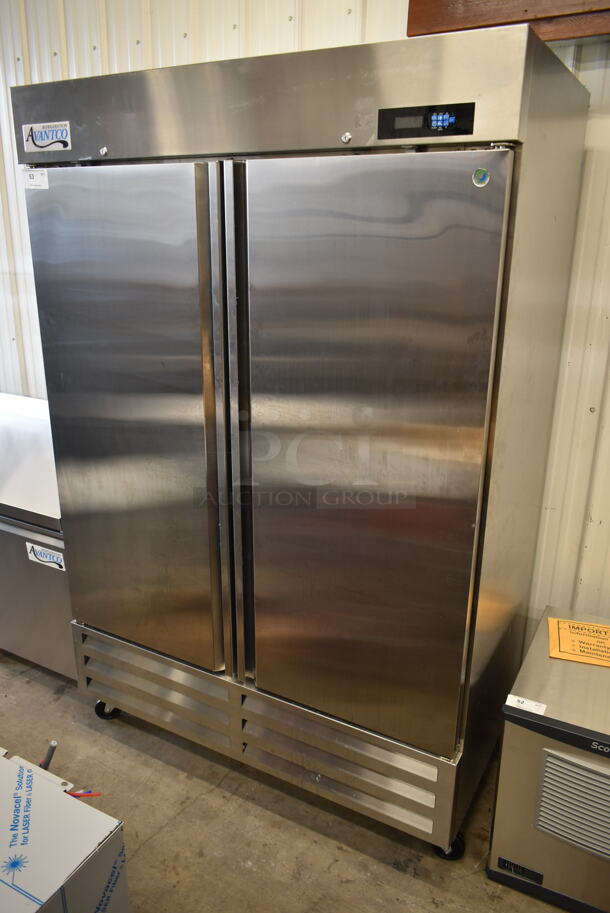 BRAND NEW SCRATCH AND DENT! 2023 Avantco 447AP49F Stainless Steel Commercial 2 Door Reach In Freezer w/ Poly Coated Racks on Commercial Casters. 115 Volts, 1 Phase. Tested and Working!
