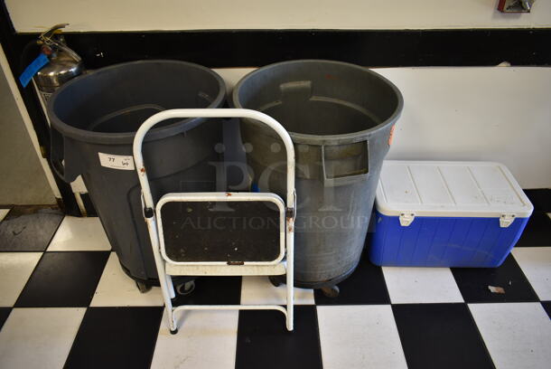 ALL ONE MONEY! Lot of 2 Gray Trash Cans, Blue and White Portable Cooler and Stepstool. Does Not Include Fire Extinguisher. (kitchen)