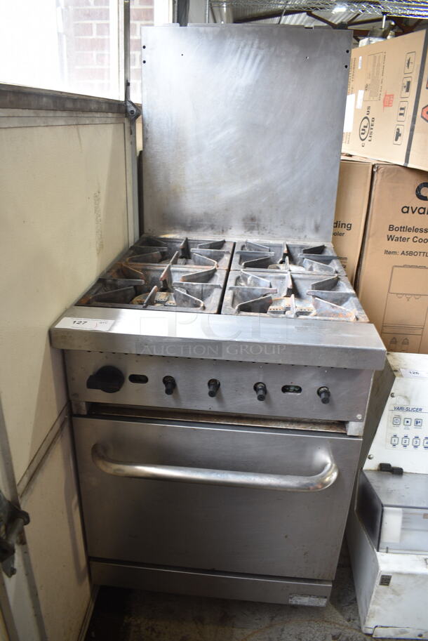 Cooking Performance Group CPG 351S24N Stainless Steel Commercial Natural Gas Powered 4 Burner Range w/ Oven and Back Splash on Commercial Casters. 150,000 BTU. 