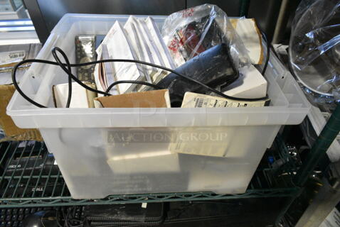 ALL ONE MONEY! Lot of Various Items Including Order Pads, Remote, Sign, Hard Drive in Poly Bin. 