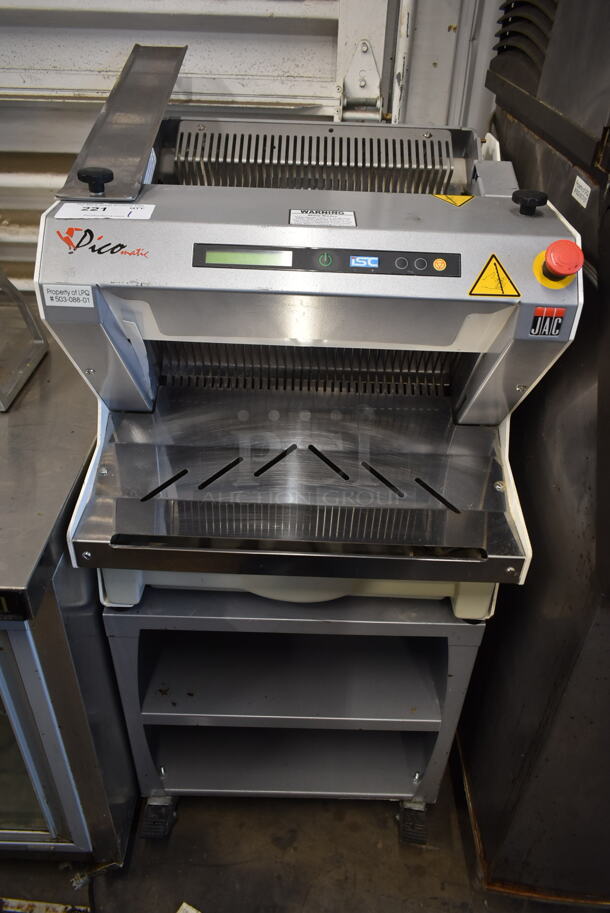 2014 JAC MRL 450/12 Stainless Steel Commercial Countertop Bread Loaf Slicer w/ Under Shelves on Commercial Casters. 110 Volts, 1 Phase. Tested and Working!