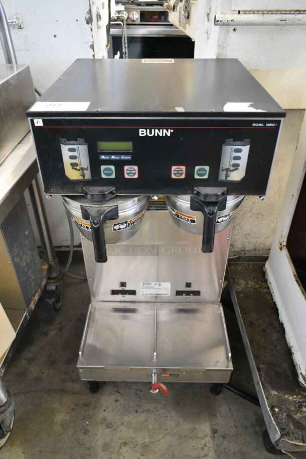 Bunn DUAL SH DBC Stainless STeel Commercial Countertop Double Coffee Machine w/ Hot Water Dispenser and 2 Metal Brew Baskets. 120/208-240 Volts, 1 Phase. - Item #1117882